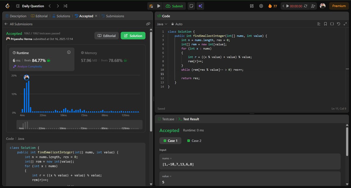 PriyanshuV82847's tweet image. Day 19/100 โ
LeetCode POTD solved!
Problem: Smallest Missing Non-negative Integer After Operations
A clean math-based approach today โ using modulo trick (x % value) to handle shifts efficiently โก
Streak: ๐ฅ 77 days strong
#LeetCode #100DaysOfCode #ProblemSolving #Coding