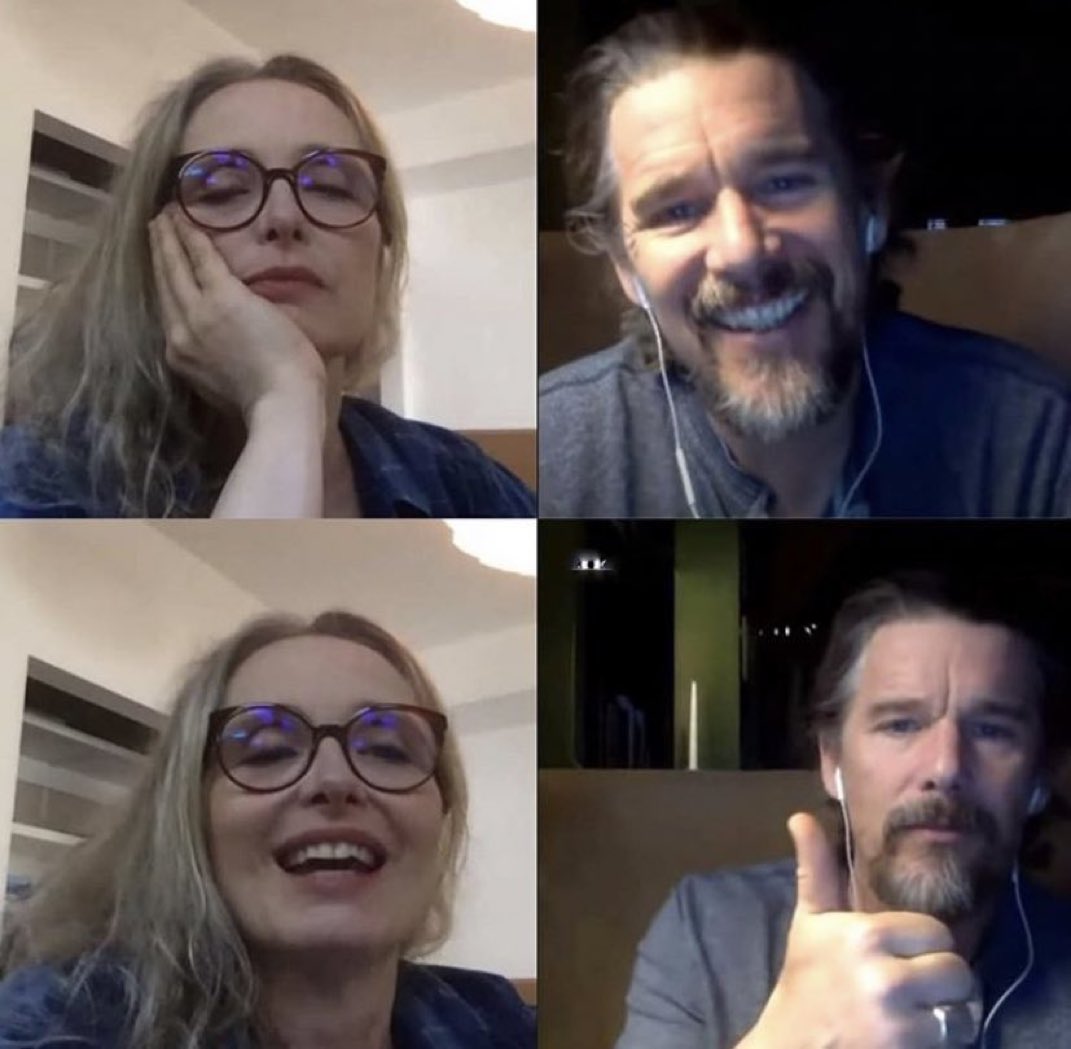 julie delpy and ethan hawke on a zoom call