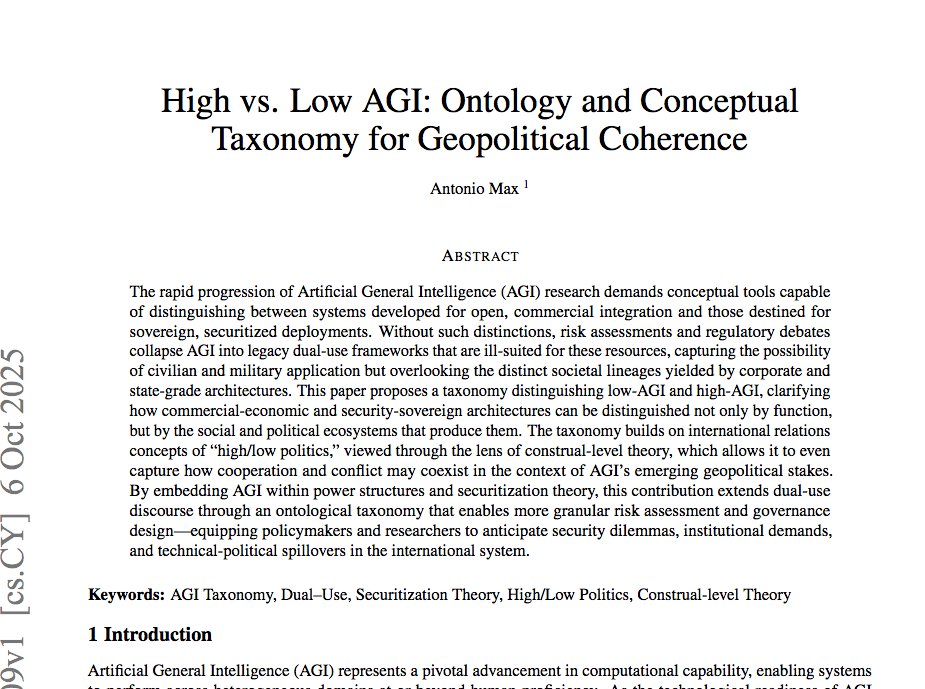 antoniomaxai's tweet image. My new paper introduces a realistic framework for #AGI development streams, an analytical scaffold to describe how states, firms, and militaries organize advanced AI beyond the limits of the #dualuse framing (1/4)