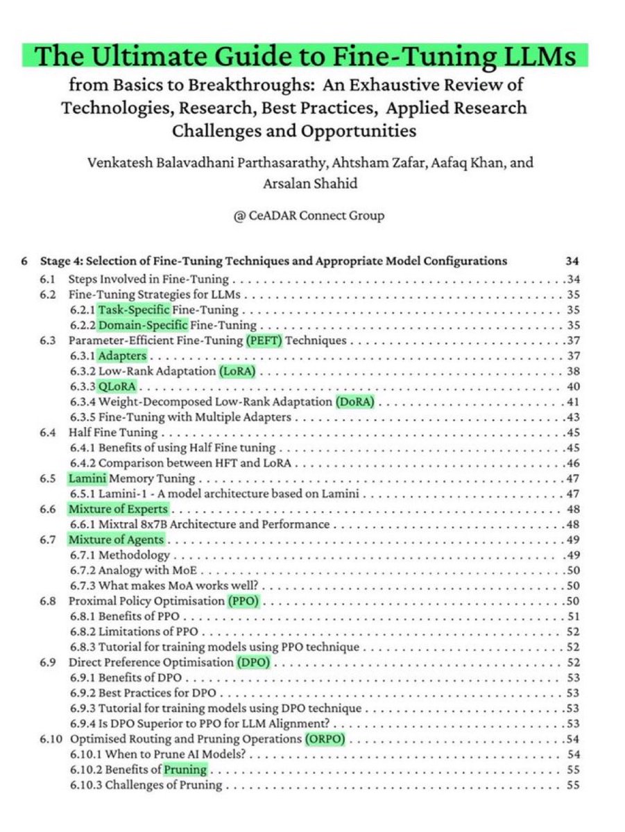 Hesamation's tweet photo. the ultimate guide to fine-tuning LLMs. this is a free 115-page book on arxiv and covers all the theory you need for fine-tuning:
> NLP and LLMs fundamentals 
> peft, lora, qlora
> mixture of experts (MoE)
> seven stage fine-tuning pipeline
> data prep, eval, best practices https://t.co/Hbsx7ZFzx5