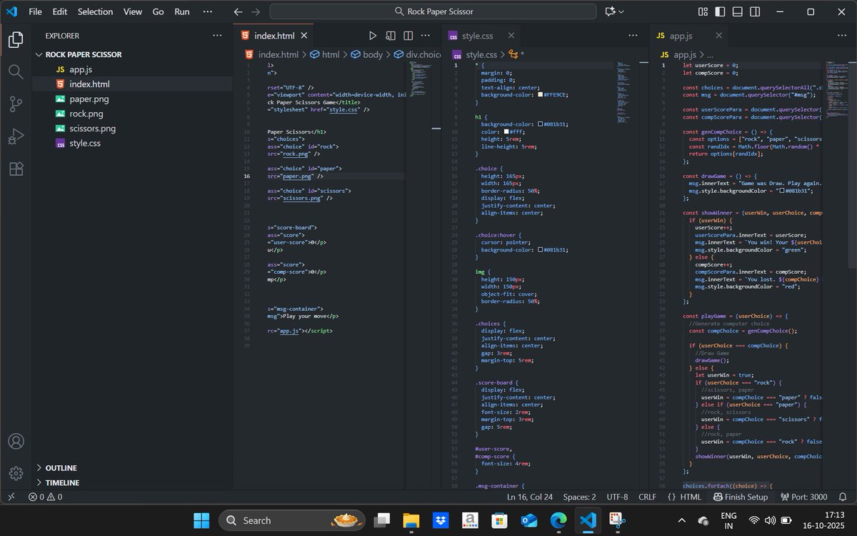 manthan3124's tweet image. Day 76 of #100DaysOfCode (16 October)
Completed my Stone Paper Scissors Game 🎮 using HTML, CSS & JS
Added real-time score tracking for both user & computer
Dynamic result messages (Win/Loss/Draw)
Interactive gameplay logic with event listeners
#WebDev #JavaScript #CONNECT