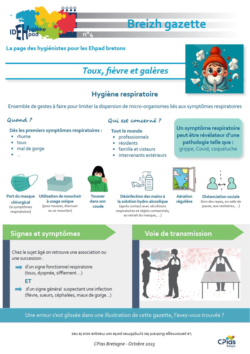 📰 Gazette n°4 – CPias Bretagne
Toux, fièvre, petits maux de gorge… 🦠 Les infections respiratoires reviennent en ESMS !
Dans ce numéro :
🤧 Bons réflexes dès les 1ers symptômes
🌬 Qualité de l’air &amp; carnet sanitaire
💉 Point vaccination

👉 À lire ici : swll.to/6K4xE4M