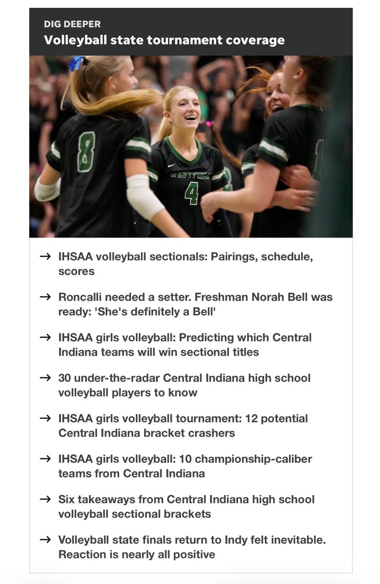 Volleyball sectional quarters. Here’s the Central Indiana scoreboard + links to all preview coverage: indystar.com/story/sports/h…

I’ll be at <a href="/GCHSVolleyball/">GuerinCatholicVball</a> - <a href="/triwestvolley/">Tri-West Volleyball</a> + <a href="/dchswarriors/">Danville Athletics</a> - Crawfordsville

<a href="/ctannous98/">Christine Tannous</a> photos from <a href="/HSEAthletics/">HSE Royals Athletics</a>-<a href="/ZCSeagles/">Zionsville High School Athletics</a> + <a href="/FHSTigers/">FHS Tigers Athletics</a> - <a href="/Millers_VB/">Millers Volleyball</a>