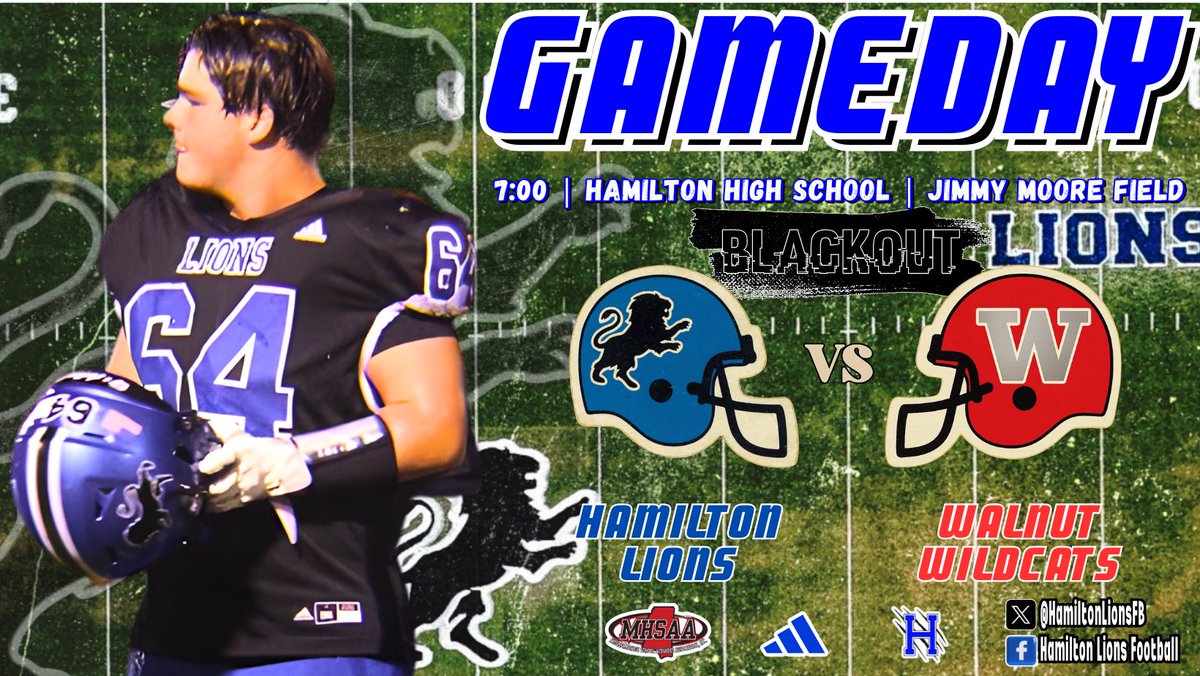 🏈 GAMEDAY
🗒️ BLACKOUT—Wear Black!
🆚 Walnut Wildcats
‼️ Region 1-2A
🕖 7:00
📍 Hamilton High School
🏟️ Jimmy Moore Field
🌙 Clear | 75°
🎽 🔵⚫️⚫️
🎧 hamilton-lions-athletics.mixlr.com