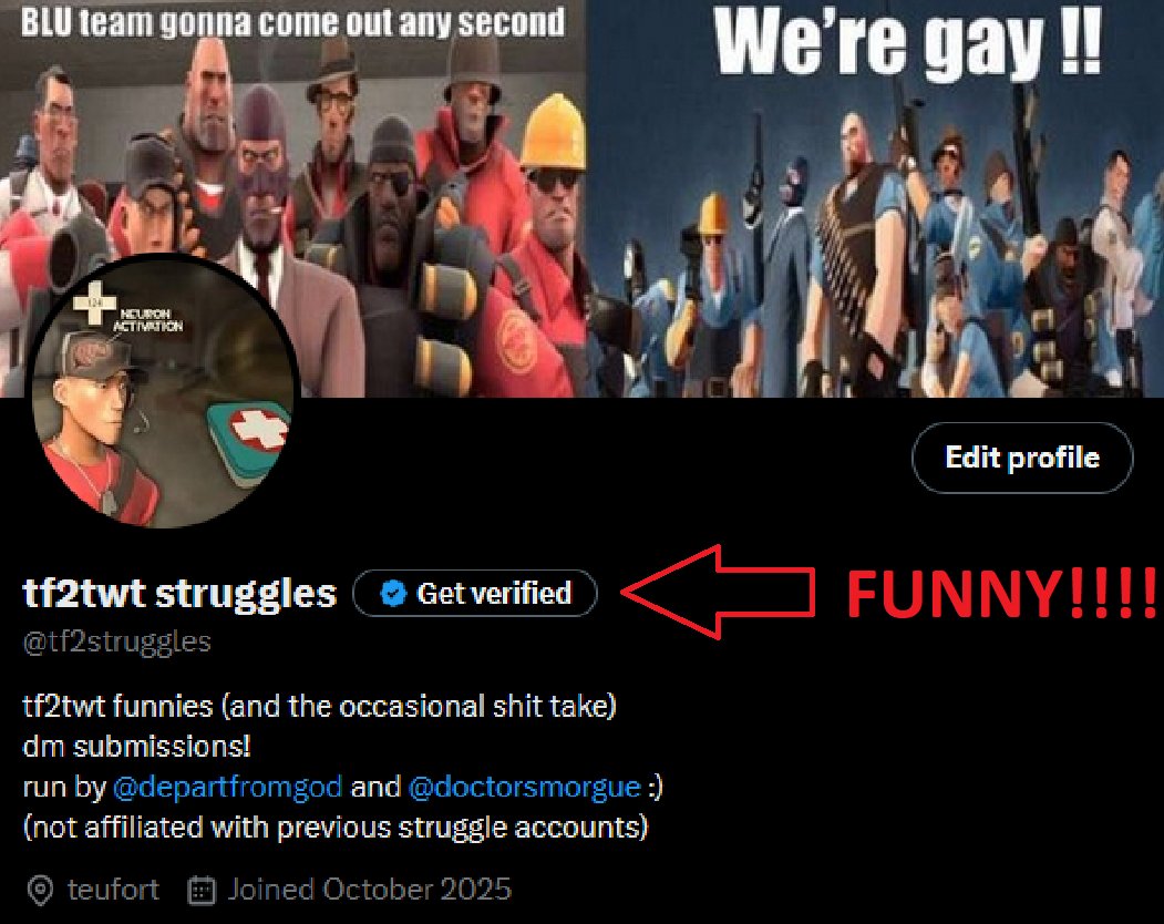 tf2struggles's tweet image. INTRODUCING: TF2TWT STRUGGLES!!!‼️‼️🚨🚨
a silly account for posting general funny screenshots from tf2twt and the like

run by @departfromgod and @doctorsmorgue
PLEASE dm us submissions!❤️