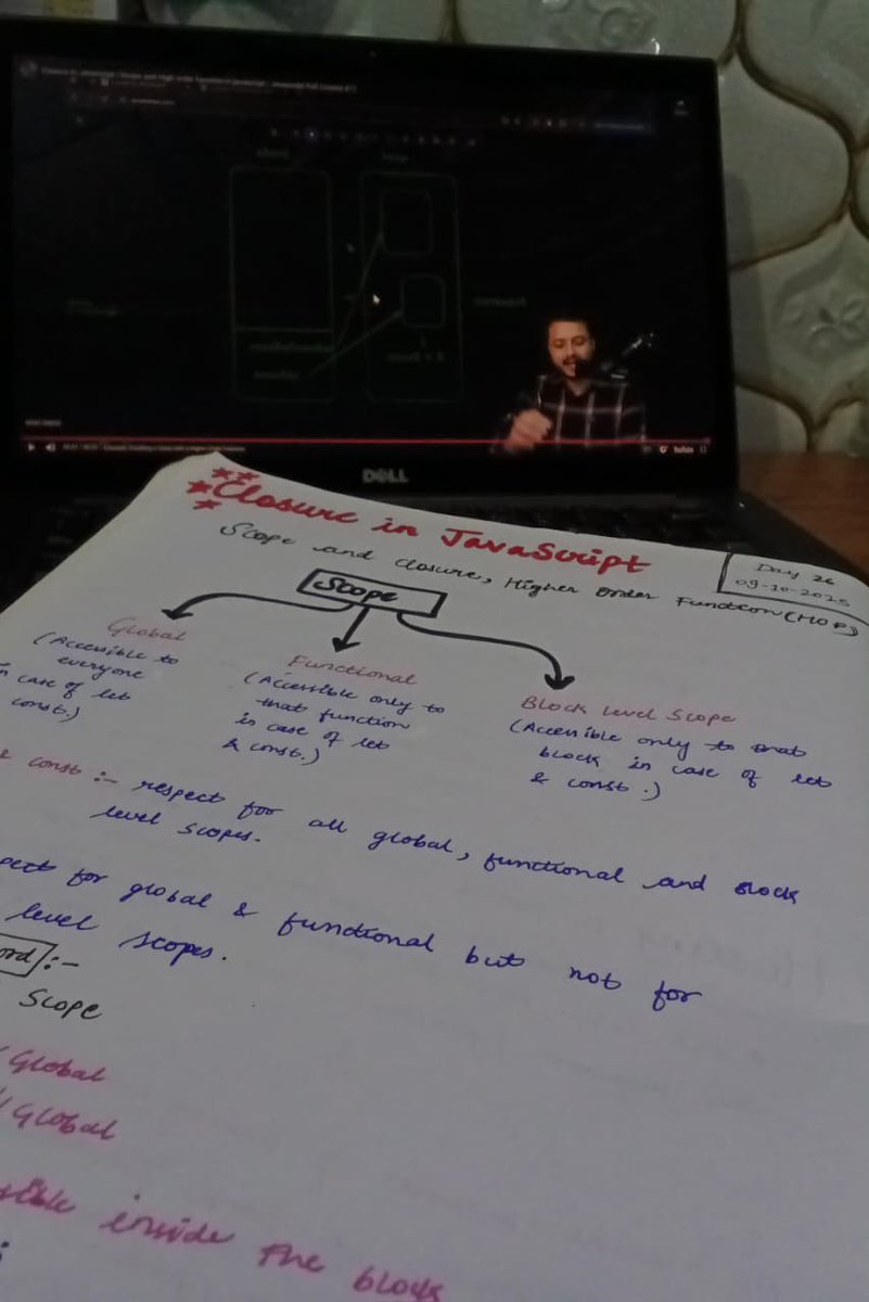 PrachiVerm35745's tweet photo. Defense Challenge Day 26 ✅
Covered Closures, Scope &amp; Higher-Order Functions in JavaScript 💻
JS is getting deeper — and I’m loving every bit of it! 🔥 #DefenseChallenge
@rohit_negi9  @CoderArmy https://t.co/Mnbmc4jLs0