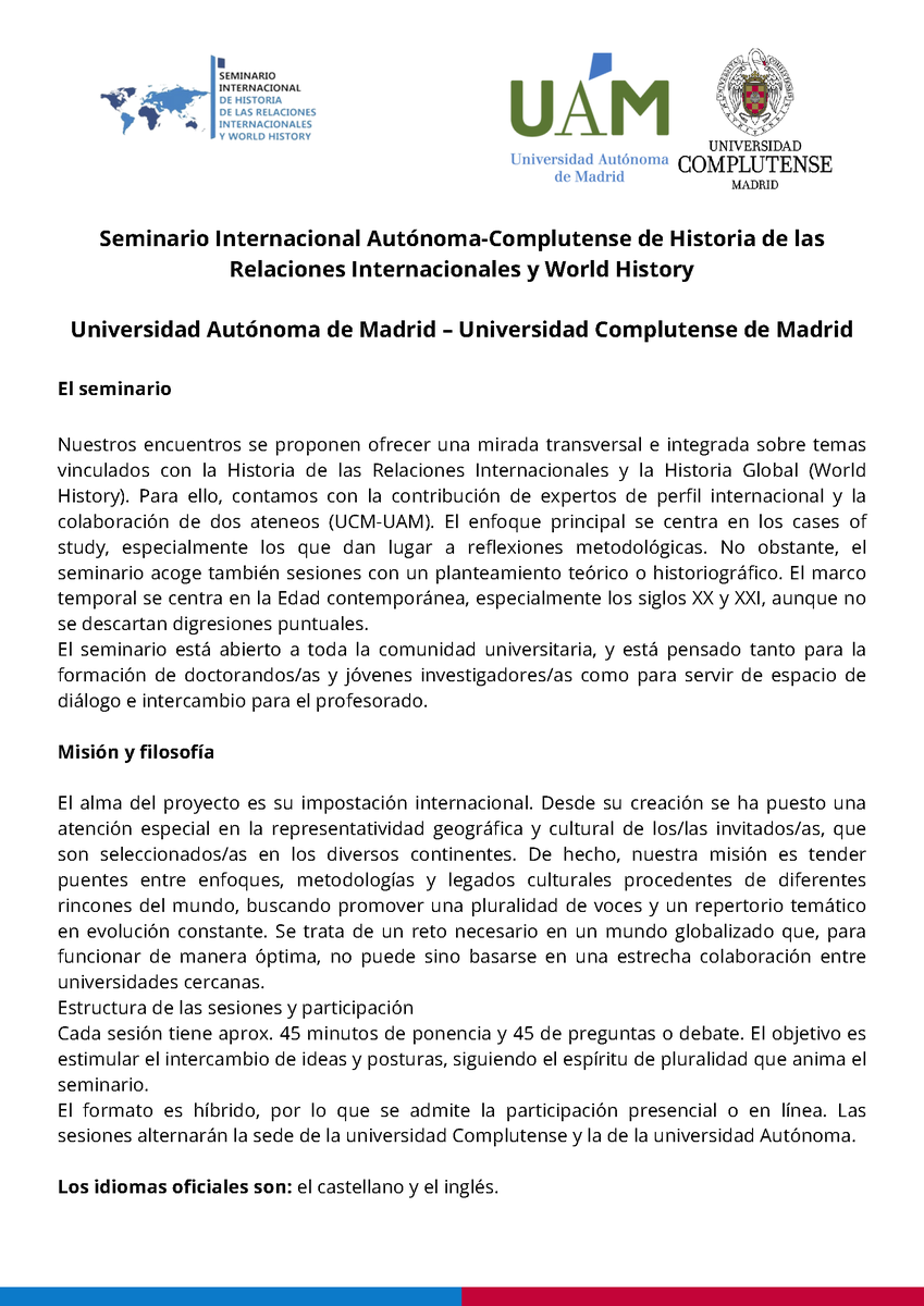 javihaller's tweet image. Mirad qué barbaridad de seminario interuniversitario sobre RRII y World History están organizando @RodDTM2 y Enrico Giordano en Madrid. Os dejo el programa para que le echéis un ojo y difundáis. ¡La primera sesión es el próximo martes 21!