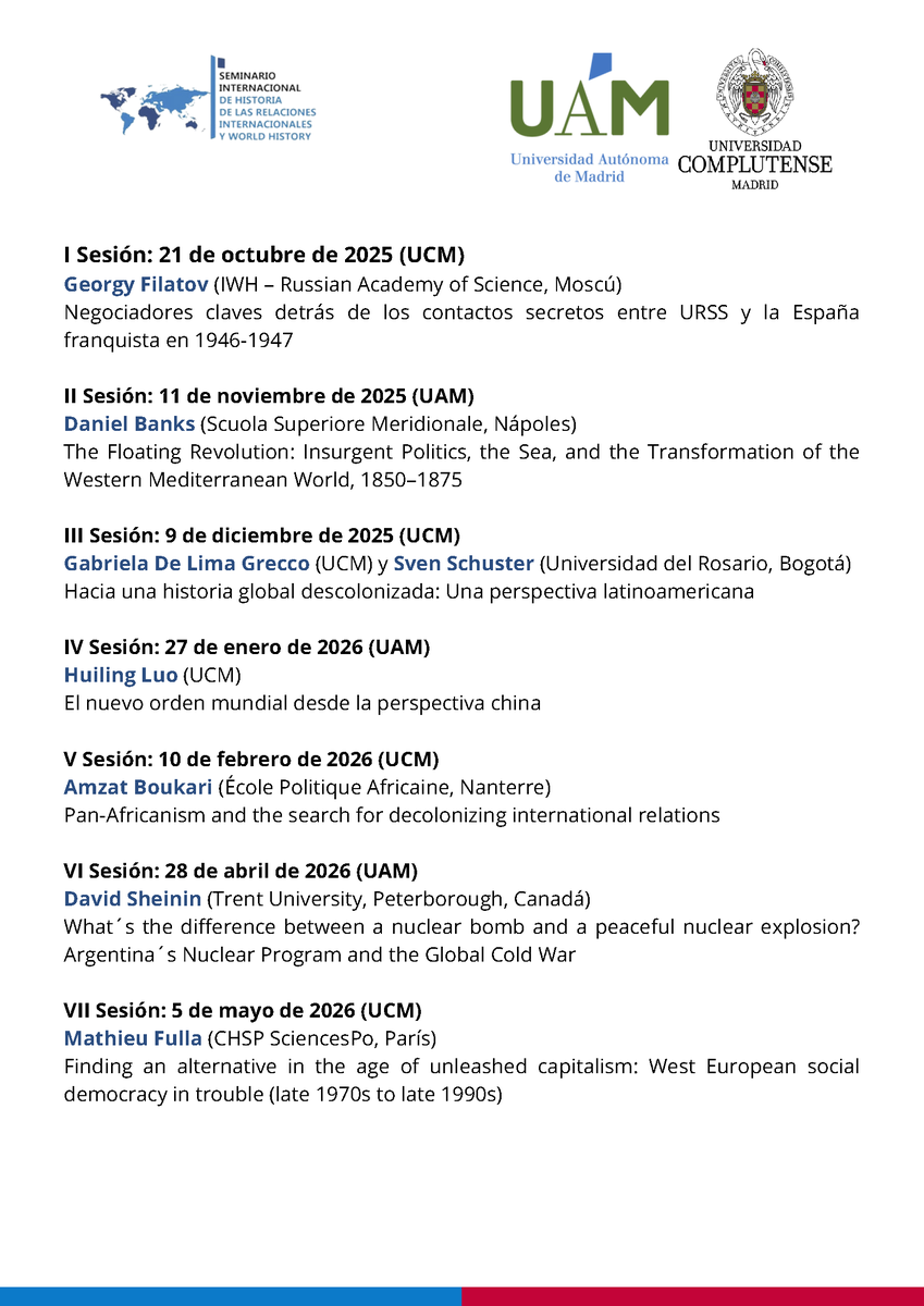 javihaller's tweet image. Mirad qué barbaridad de seminario interuniversitario sobre RRII y World History están organizando @RodDTM2 y Enrico Giordano en Madrid. Os dejo el programa para que le echéis un ojo y difundáis. ¡La primera sesión es el próximo martes 21!