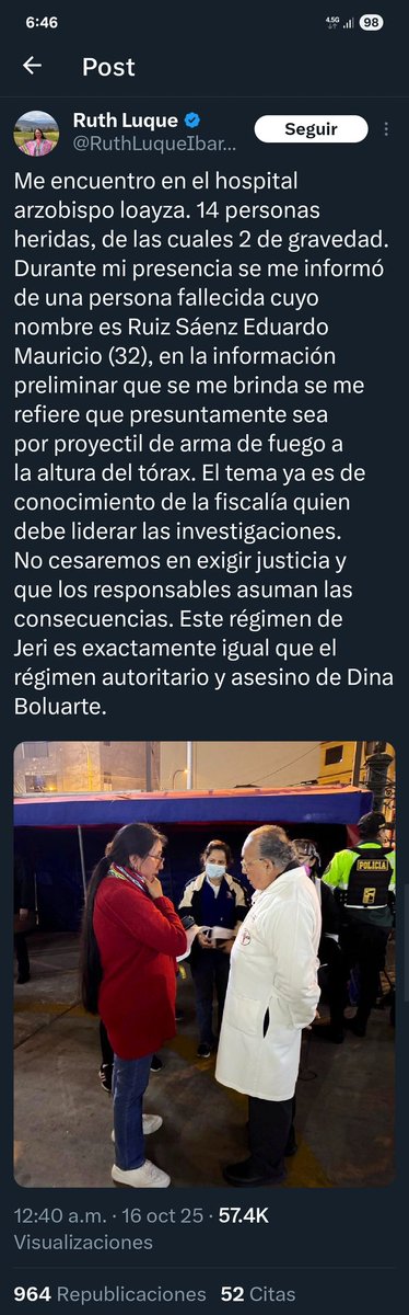 Que  raro
A las 12.34 AM una cuenta troll de X tuitea el nombre de la persona fallecida 

A las 12.40 AM Ruth Luque tuitea que "se le informó" de una persona fallecida cuando estaba en el Loayza

Saquen sus conclusiones