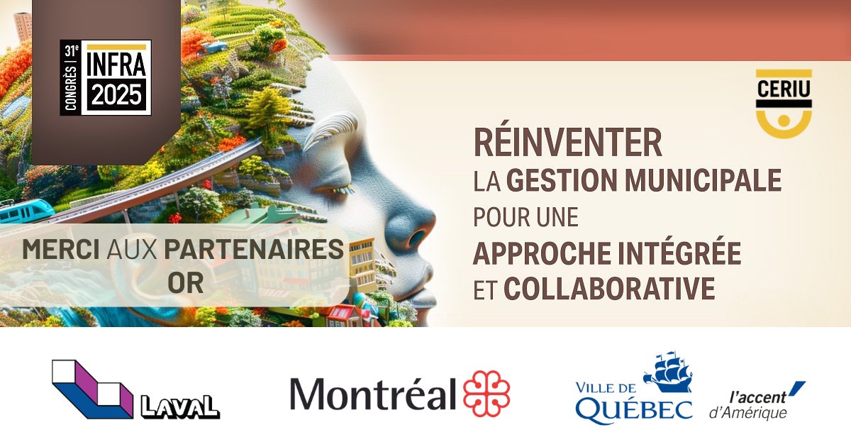 Merci aux partenaires OR de notre congrès INFRA 2025: <a href="/villedelavalqc/">Ville de Laval</a>, <a href="/MTL_Ville/">Ville de Montréal</a>  et <a href="/villequebec/">Ville de Québec</a>  
Les 24 et 25 novembre 2025, Centre de congrès de Saint-Hyacinthe.
Êtes-vous inscrit? shorturl.at/EYv95