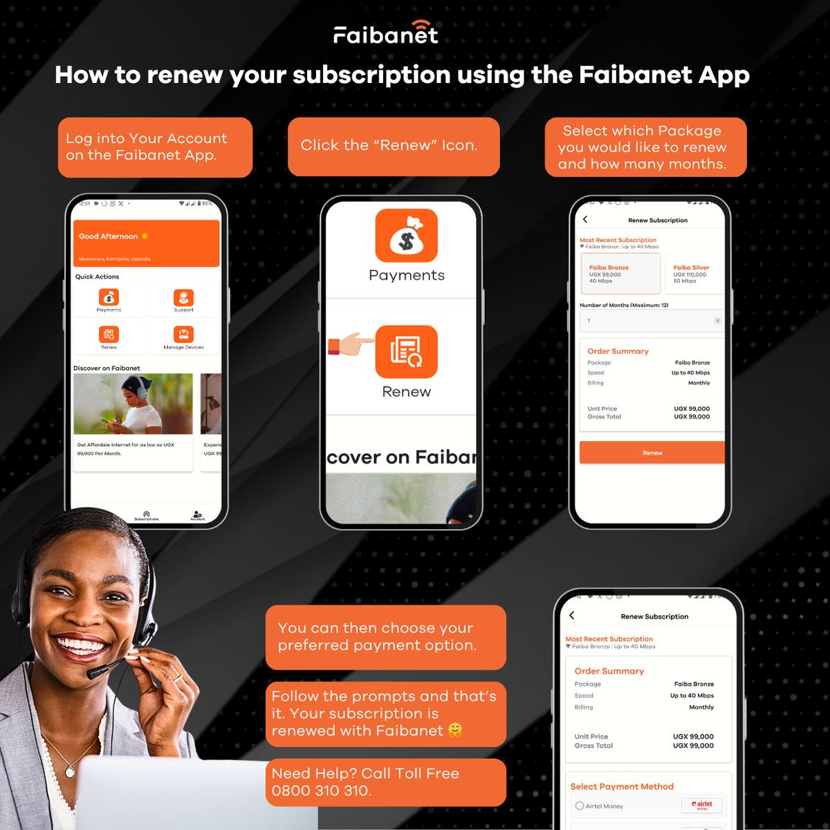 faibanet's tweet image. Don’t let an expired subscription interrupt your favorite show, work call or weekend fun.

Follow these few steps to renew your subscription anytime, anywhere using the Faibanet App.

#UnlimitedInternetExperience #BeUnlimited