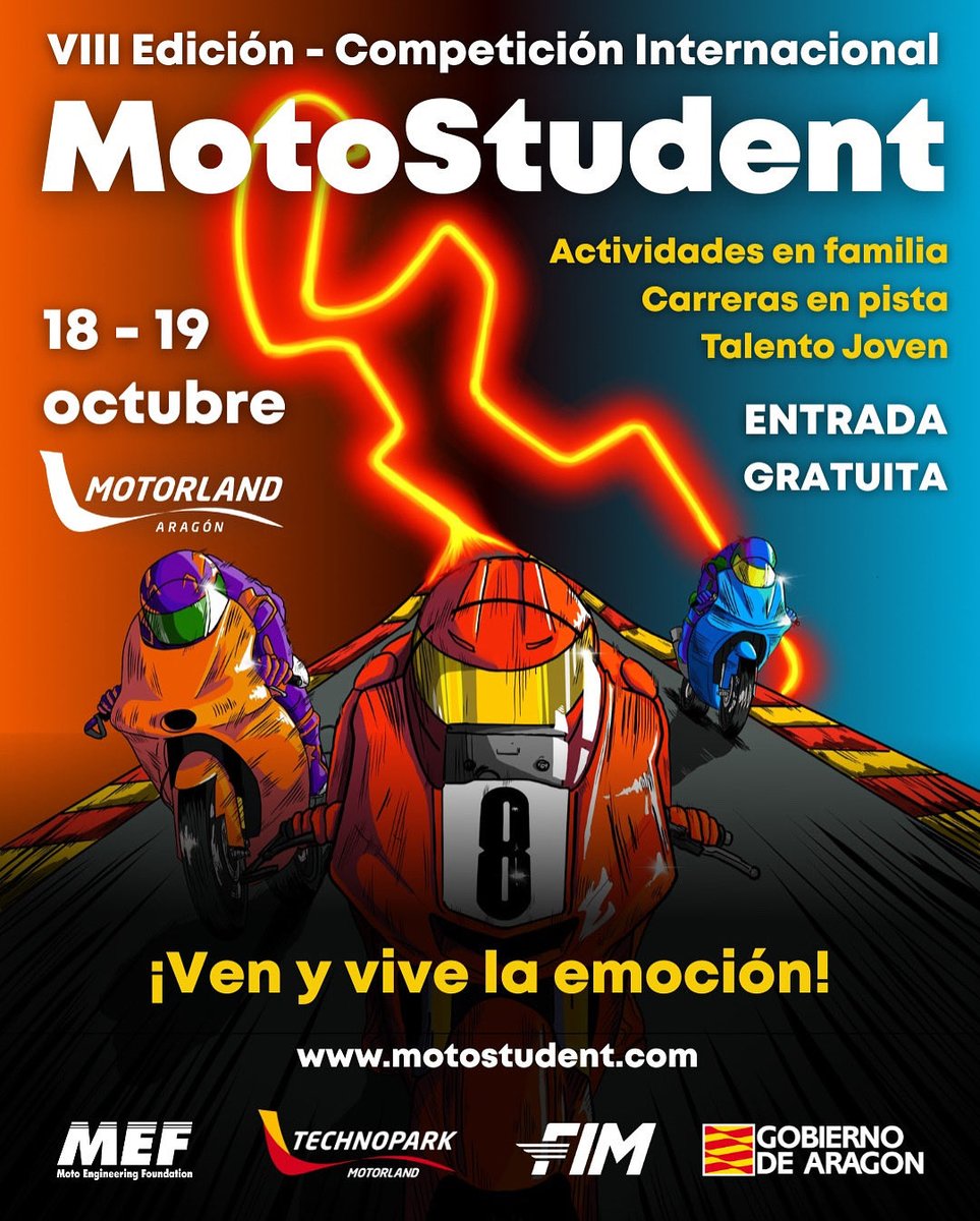 🏍️ ¡La emoción universitaria del motor vuelve a #MotorLandAragon! 🙌

Del 15 al 19 de octubre de 2025 llega la VIII Edición de #MotoStudent 🏁

Innovación, talento y pasión se unen en las categorías eFuel y Electric ⚡️

🌱 ¡Vive el futuro de la movilidad en la pista!