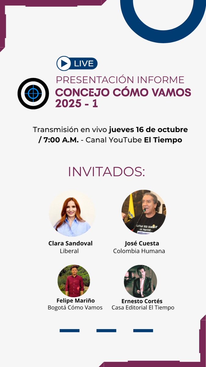 🧭 ¿Qué tan bien está funcionando el <a href="/ConcejoDeBogota/">Concejo de Bogotá</a>?

Conéctate al lanzamiento del nuevo informe Concejo Cómo Vamos 2025-1 

En vivo ya por el canal de YouTube de <a href="/BogotaET/">EL TIEMPO Bogotá</a> con <a href="/ernestocortes28/">Ernesto Cortés</a>, <a href="/clarasandoval/">Clara Lucía Sandoval</a> <a href="/jcuestanovoa/">Jose Cuesta Novoa</a> y <a href="/marinhocf/">Felipe Mariño</a> 

🔗 youtube.com/watch?v=1VVJkM…