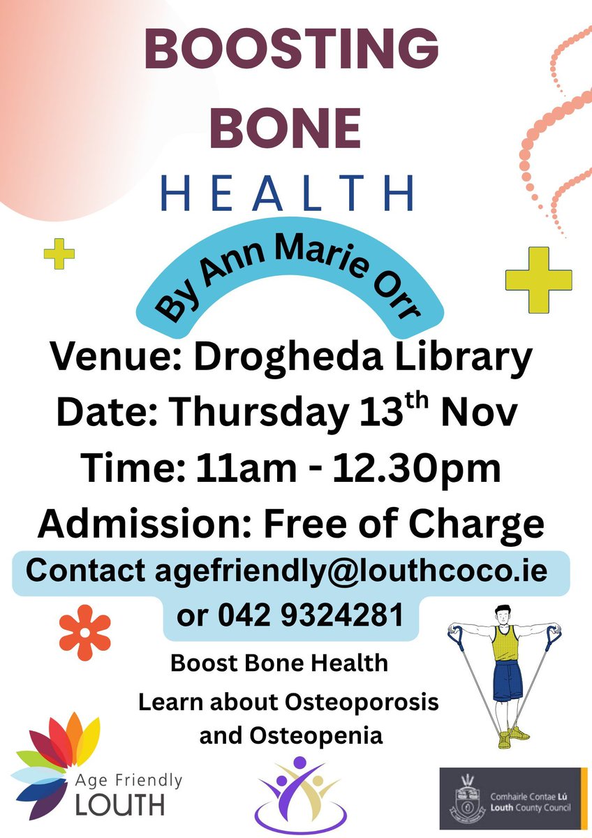 louthcoco's tweet photo. 🦴 Boost Your Bone Health! 🦴

Join Ann Marie Orr for two informative and engaging sessions on Osteoporosis and Osteopenia — free of charge and open to all! Tea/Coffee & Refreshments ☕ 

📍 Dundalk Library
🗓️ Tuesday, 4th November
🕚 11:00am – 12:30pm

📍 Drogheda Library
🗓️ Thursday, 13th November
🕚 11:00am – 12:30pm

💬 Learn practical tips to strengthen your bones and improve your wellbeing. Spaces are limited!
📧 For more info: agefriendly@louthcoco.ie
📞 Call: 042 9324281

Proudly supported by Age Friendly Louth 💙
#BoneHealth @AgeFriendlyIrl @HealthyLouth @LouthLibraryService