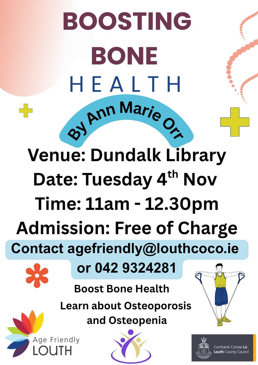 louthcoco's tweet photo. 🦴 Boost Your Bone Health! 🦴

Join Ann Marie Orr for two informative and engaging sessions on Osteoporosis and Osteopenia — free of charge and open to all! Tea/Coffee & Refreshments ☕ 

📍 Dundalk Library
🗓️ Tuesday, 4th November
🕚 11:00am – 12:30pm

📍 Drogheda Library
🗓️ Thursday, 13th November
🕚 11:00am – 12:30pm

💬 Learn practical tips to strengthen your bones and improve your wellbeing. Spaces are limited!
📧 For more info: agefriendly@louthcoco.ie
📞 Call: 042 9324281

Proudly supported by Age Friendly Louth 💙
#BoneHealth @AgeFriendlyIrl @HealthyLouth @LouthLibraryService