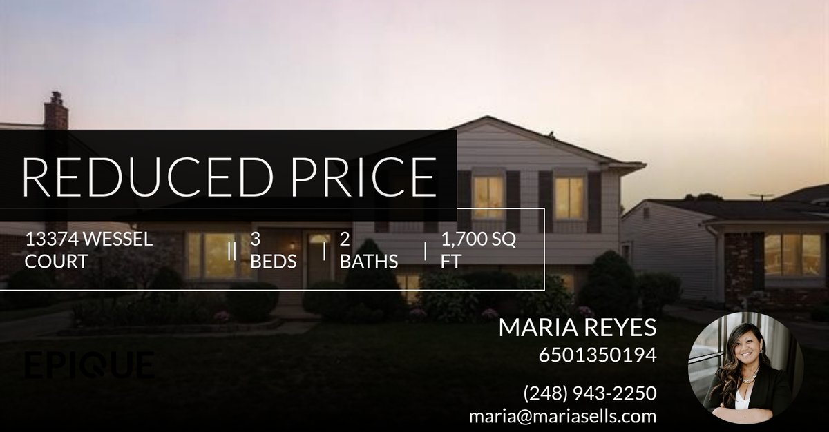 maritess23's tweet photo. 📍 Reduced Price 📍 This recently reduced home at 13374 Wessel Court in Sterling Heights won't last long, so, don't wait to set up a showing! Reach out here or at (248) 943-2250 for more information! https://t.co/8QohoDfHCf https://t.co/zamZLOF0CM