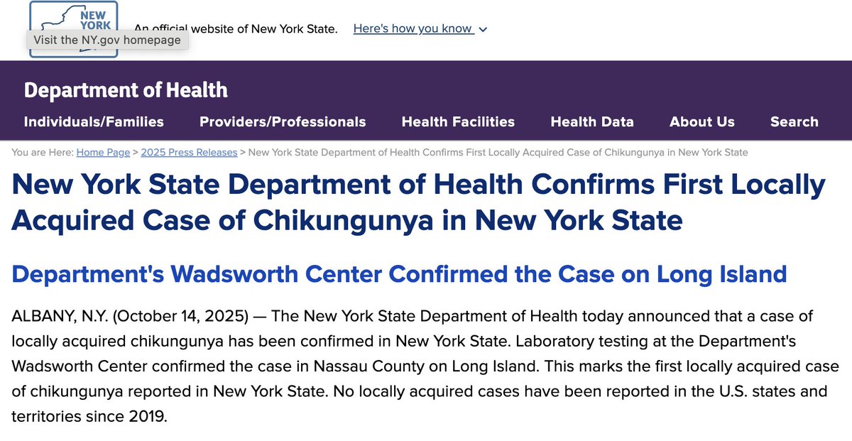 A locally acquired case of Chikungunya virus in New York State? This is a first.

Chikungunya is a mosquito-transmitted infection that can cause impressive (and sometimes lasting) joint pain and inflammation.

Link: tinyurl.com/57ue229x