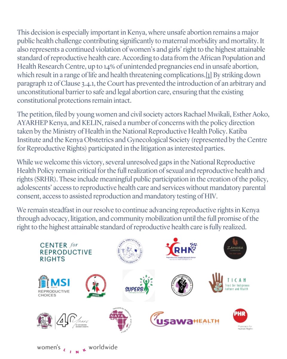 A win for women and girls in Kenya!

The High Court has struck down a restrictive clause in the National Reproductive Health Policy (2022–2032) that would have limited access to safe and legal abortion. 

The Court ruled that the clause was unconstitutional, reaffirming that