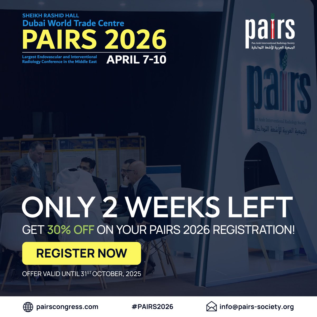 ⏰ The countdown is on! Just 2 weeks left to claim your 30% early bird discount for #PAIRS2026.

🐦 Use code EARLYBIRD30 before checkout.
📅 Offer ends 31 October 2025!

🔗 Register today and save: pairscongress.com/register/

#EarlyBirdOffer #PAIRS2026 #InterventionalRadiology