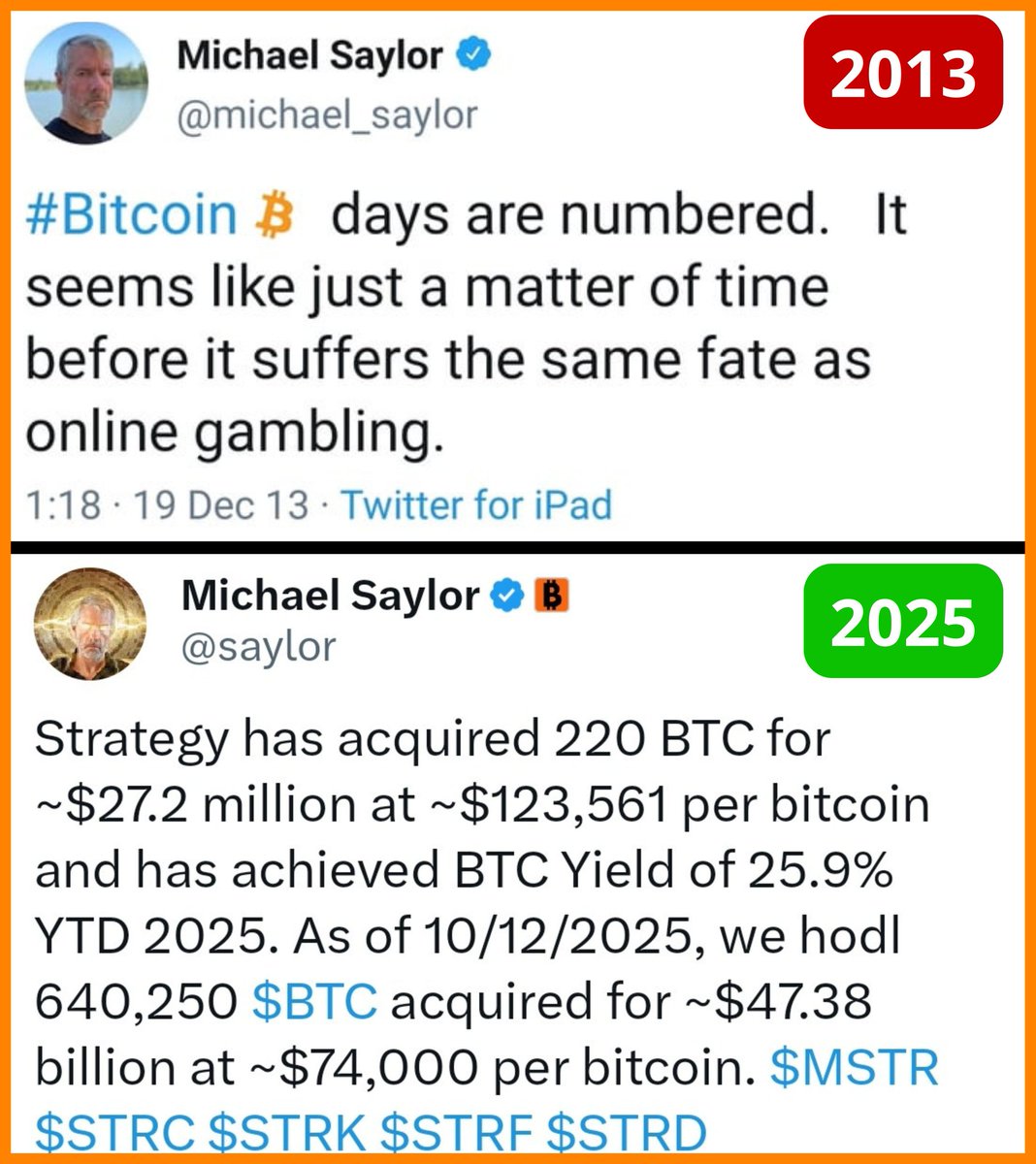 Did you know Michael Saylor once said Bitcoin days were numbered?

2013: "Bitcoin days are numbered."
2025: "We hodl 640,000 BTC."

THIS is what Bitcoin will do to you.