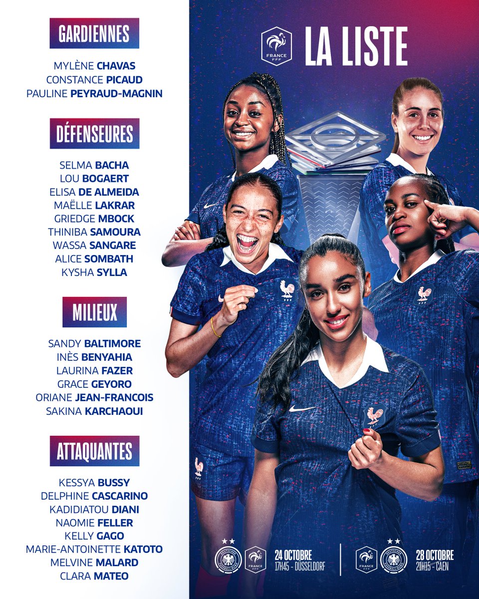 Equipe de France Féminine (@equipedefrancef) on Twitter photo 𝐋𝐚 𝐥𝐢𝐬𝐭𝐞 𝐝𝐞𝐬 𝐁𝐥𝐞𝐮𝐞𝐬 📋🇫🇷
Les 2️⃣6️⃣ joueuses sélectionnées par <a href="/LaurentBonadei/">Laurent Bonadei</a> pour les demi-finales de 𝑳𝒊𝒈𝒖𝒆 𝒅𝒆𝒔 𝑵𝒂𝒕𝒊𝒐𝒏𝒔 face à l’Allemagne 🇩🇪
Première convocation pour Kysha Sylla et Wassa Sangaré 🆕 𝐋𝐚 𝐥𝐢𝐬𝐭𝐞 𝐝𝐞𝐬 𝐁𝐥𝐞𝐮𝐞𝐬 📋🇫🇷
Les 2️⃣6️⃣ joueuses sélectionnées par <a href="/LaurentBonadei/">Laurent Bonadei</a> pour les demi-finales de 𝑳𝒊𝒈𝒖𝒆 𝒅𝒆𝒔 𝑵𝒂𝒕𝒊𝒐𝒏𝒔 face à l’Allemagne 🇩🇪
Première convocation pour Kysha Sylla et Wassa Sangaré 🆕