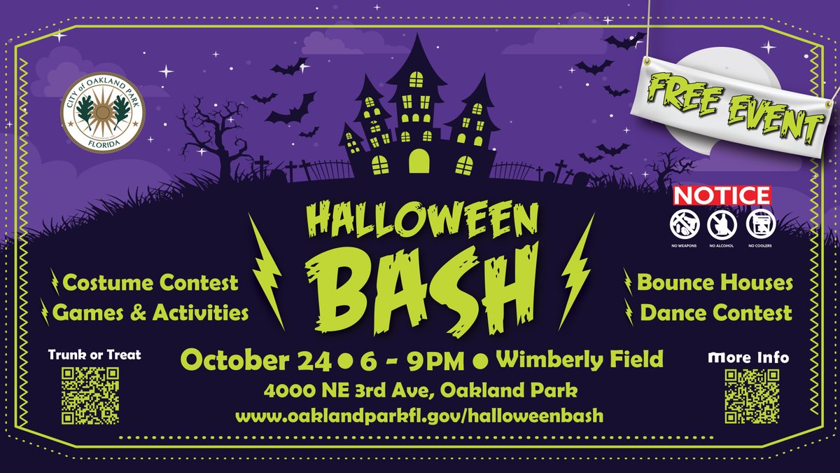 CityOaklandPark's tweet image. Businesses &amp;amp; orgs — join the fun at #OaklandPark Halloween Trunk-or-Treat on Friday, Oct. 24, 6–9 PM at Wimberly Field! 🎃
Decorate your vehicle, hand out candy &amp;amp; promote your business while supporting the community.

Sign up oaklandparkfl.gov/DocumentCenter…
#OaklandPark #TrunkOrTreat