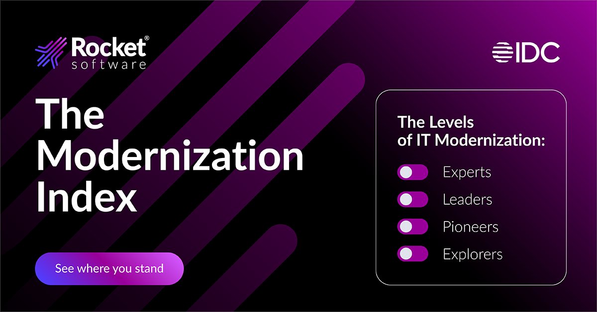 Rocket's tweet image. Rocket Software surveyed more than 800 global IT leaders to create a comprehensive assessment of IT #modernization maturity in collaboration with @IDC.

How do you stack up? Use our Modernization Index tool to find out: brnw.ch/21wWFHL