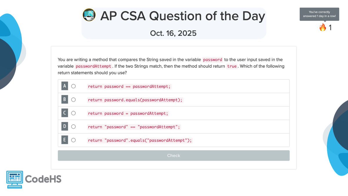 CodeHS's tweet image. Start your AP CSA class with today's Question of the Day! These quick, 5-minute activities are a fun way to keep students learning — and challenge them to keep their streak going buff.ly/N887guS