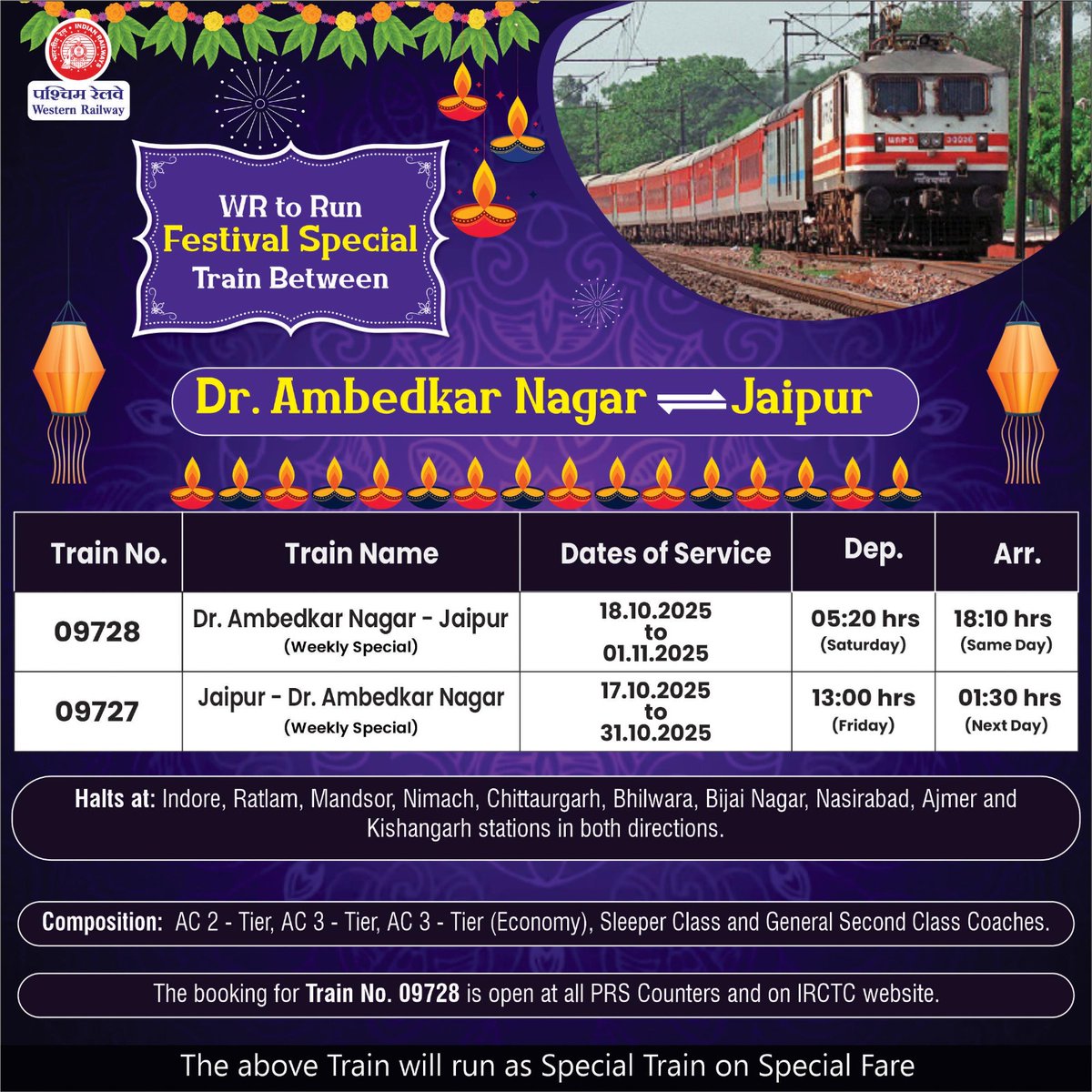 For the convenience of passengers and to meet the travel demand, WR to run a Festival Special Train between Dr. Ambedkar Nagar and Jaipur.   

The booking for Train No. 09728 is open at all PRS counters and on the IRCTC website.    

#WRUpdates #FestivalSpecialTrains