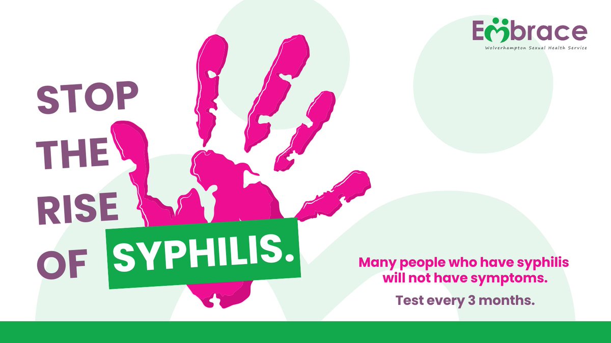 Stop the rise of syphilis - an STI which, if not treated, can cause serious and potentially life-threatening problems! Get tested every 3 months if sexually active, as many do not have symptoms. For advice, call 📞 01902 481689. To book, call 📞 01902 444444.