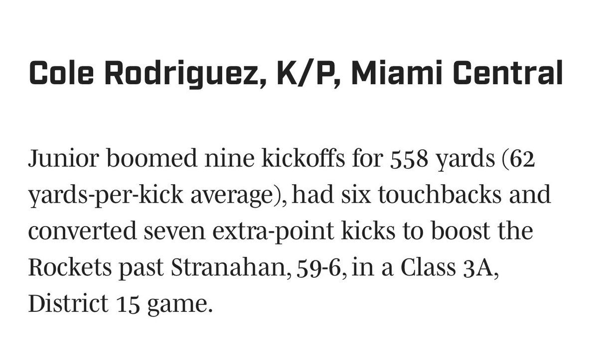 Grateful to <a href="/JMarkG1962/">Jeff Gardenour</a> for the recognition! 
<a href="/CoachDgip/">Coach Gibson</a>
<a href="/Roc__Nation/">Roc Boys</a> <a href="/KornblueKicking/">Brandon Kornblue</a> <a href="/FentressKicking/">Fentress Kicking</a> <a href="/PrepRedzoneFL/">Prep Redzone Florida</a> <a href="/LawrenceBl83397/">New Blustein Recruiting</a> <a href="/JerryRecruiting/">Rising Stars</a> <a href="/STARSMP1/">Coach Oye Jr.</a> <a href="/Sentinel_Sports/">Sun Sentinel Sports</a> <a href="/SBLiveFL/">Florida High School On SI</a> <a href="/JoeFrisaro/">Joe Frisaro</a> <a href="/Im_Andree/">Andre Labat</a> <a href="/coachBrian_Egan/">Brian Egan</a> <a href="/HeraldSports/">Miami Herald Sports</a> <a href="/mfarrellsports/">Mike Farrell</a> <a href="/Chris_Sailer/">Chris Sailer Kicking</a>