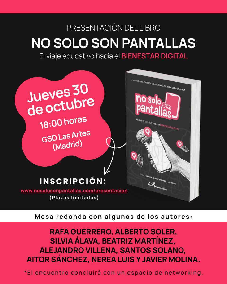 Una guía para madres, padres y docentes que desean acompañar a los más jóvenes en su viaje hacia el bienestar digital.
Un itinerario de cinco paradas imprescindibles para avanzar con seguridad hacia ese objetivo común.
Inscripciones y más info👉 nosolosonpantallas.com/presentacion/