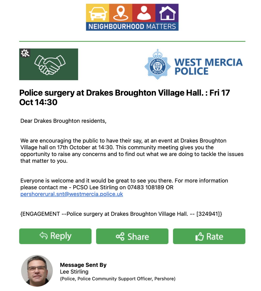PCSO Lee Stirling, our local Safer Neighbourhood Team contact from West Mercia Police, will be joining us at the Community Cafe at Drakes Broughton Village Hall tomorrow, Friday 17 October.  Lee will be on hand to talk to people about relevant areas of concern. #westmerciapolice