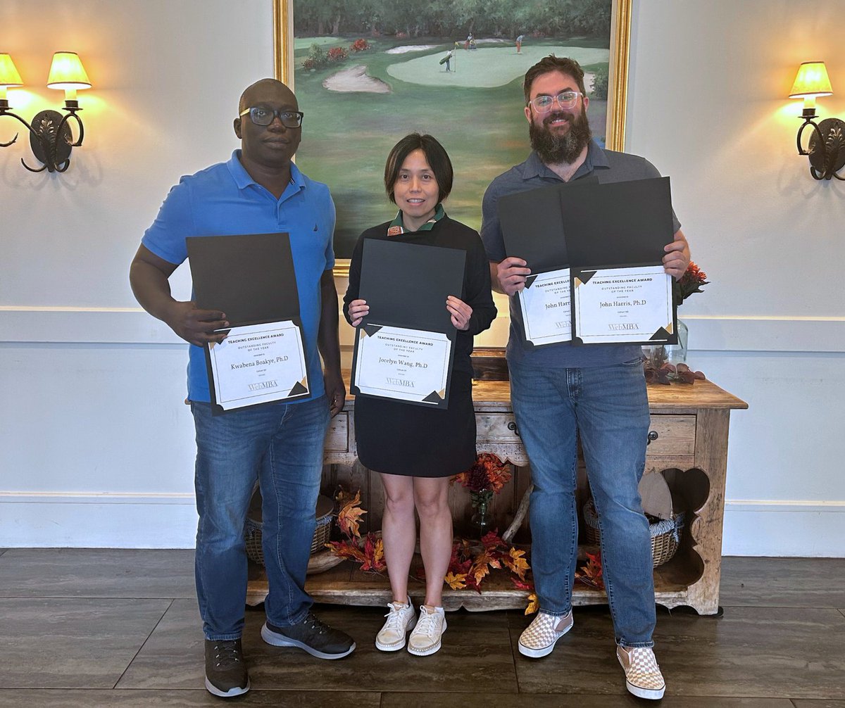 Congratulations to our WebMBA Teaching Award winners for 2025! Dr. Kwabena Boakye, Dr. Jocelyn Wang, and Dr. John Harris were recognized at our #WebMBA Workshop for their excellence in teaching!🦅🎉