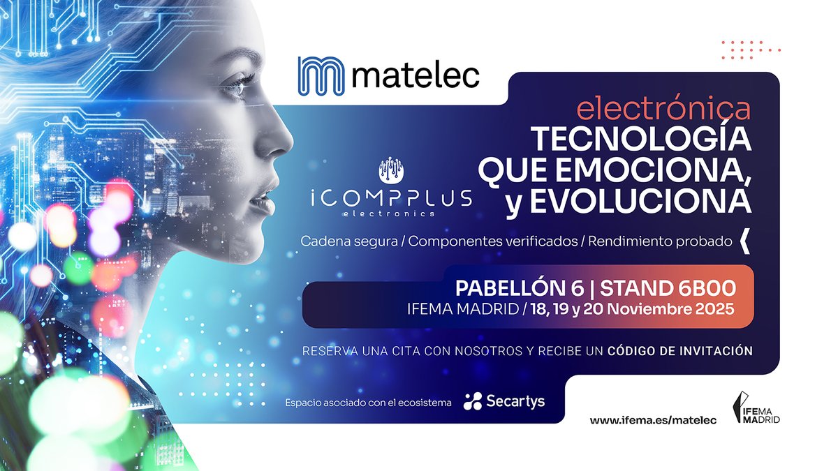 Icomppluselec's tweet image. ⚡ @Icomppluselec estará un año más en @Matelec_ + @FeriaGenera!
Del 18 al 20 de noviembre te esperamos en @IFEMA 
📍[Pabellón 6 | Stand 6B00]
Reserva tu cita y consigue tu invitación gratuita 👉 icompplus.com/matelec
¡No faltes!
#Innovación #Electrónica #Industria40