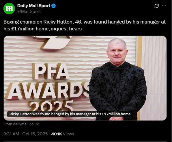 The Mail are consistently horrible. Horrendous headline this. Should have some respect for Ricky Hatton and his family. How is house value relevant? And who worded this so poorly?