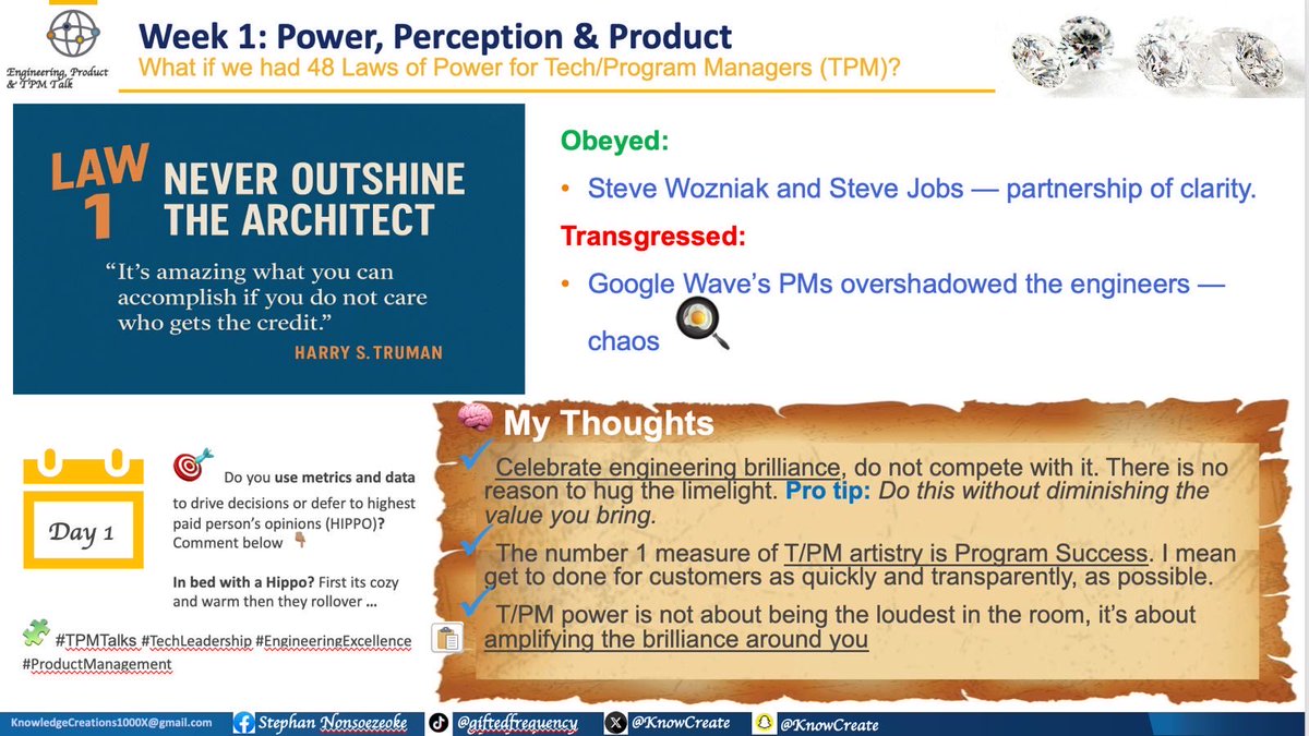 KnowCreate's tweet image. What would 48 laws of power for Tech Program Managers, Heads of Engineering and Product leaders look like? Every day I will share 1 law. Share yours below:

Law 1 - Never Outshine the Architect 

#TPMtalks #TechLeadership #EngineeringExcellence #engineeringprojectmanagement