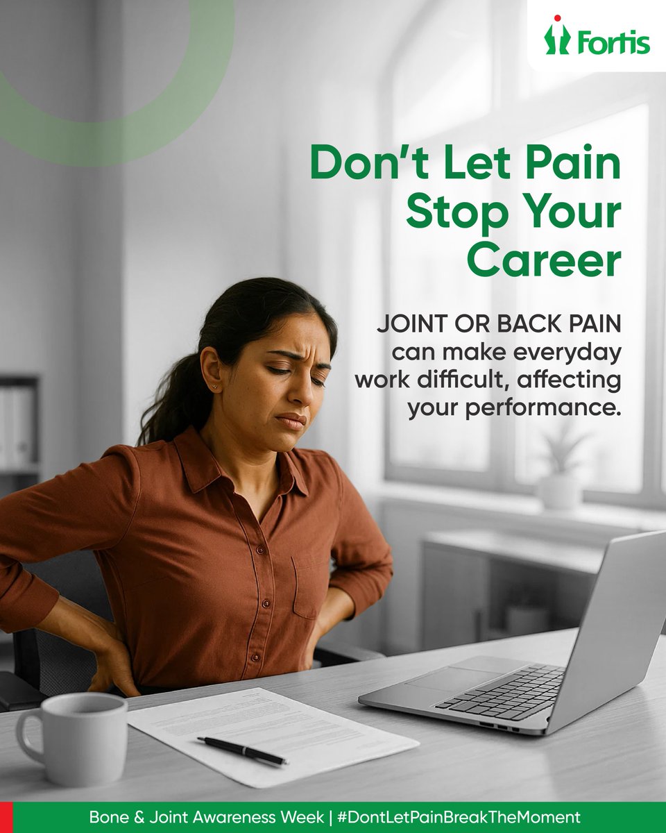 Desk work shouldn’t mean pain. If wrist, elbow, or back discomfort persists, expert care can help. This Bone &amp; Joint Week, Fortis Orthopaedics helps young professionals stay active and pain-free — at work and beyond.
#DontLetPainBreakYourHappiness #FortisHealthcare