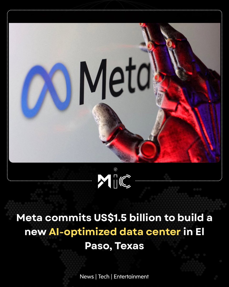 mictechofficiaI's tweet image. Meta will invest $1.5B in a new AI data center in El Paso, Texas, powered by renewable energy and liquid cooling, creating jobs and supporting high-density AI workloads by 2028.

#AIInfrastructure #CloudCompute #mictech #micnews