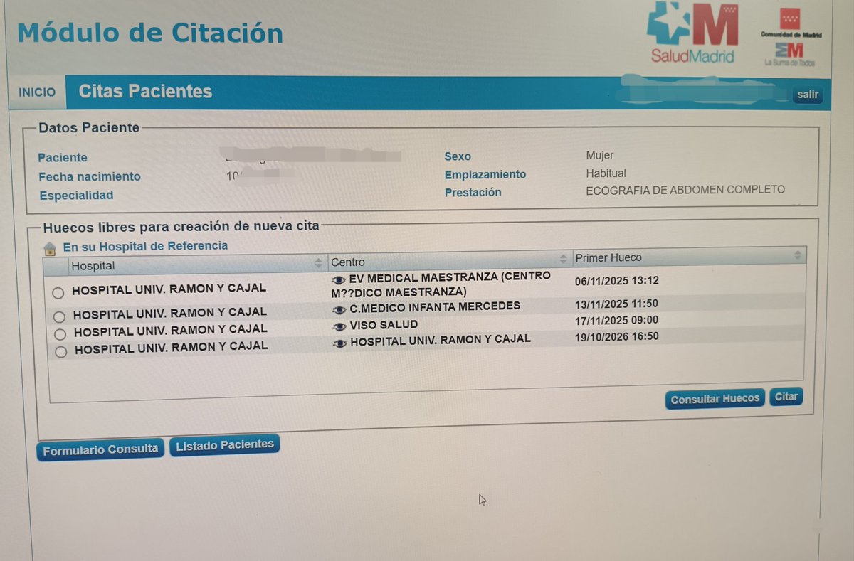 Laura (@rodraedo) on Twitter photo Holi, <a href="/IdiazAyuso/">Isabel Díaz Ayuso</a>. He vuelto 😁. Éste es el módulo de Atención Primaria desde donde las ecografías se citan. Observa la 2° columna, los 3 primeros centros son privados. Observa la 3°, son las primeras fechas disponibles. ¿Notas algo? Yo a esto lo llamo chantaje al paciente. Holi, <a href="/IdiazAyuso/">Isabel Díaz Ayuso</a>. He vuelto 😁. Éste es el módulo de Atención Primaria desde donde las ecografías se citan. Observa la 2° columna, los 3 primeros centros son privados. Observa la 3°, son las primeras fechas disponibles. ¿Notas algo? Yo a esto lo llamo chantaje al paciente.