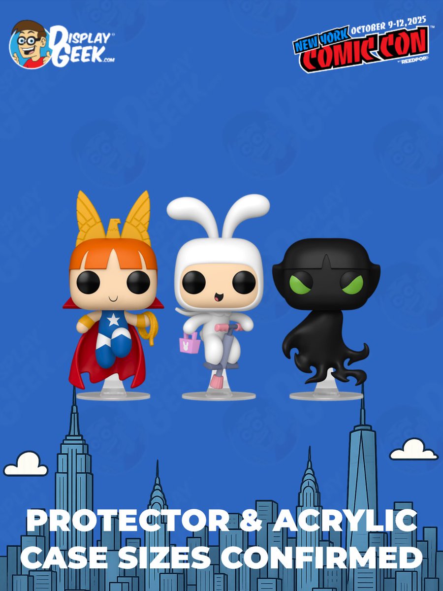 DisplayGeek's tweet image. #NYCC Exclusive protector size confirmed and available now: Pop! Animation Power Puff Girls Liberty Belle / Harmony Bunny / Mange 3-Pack (Now in 0.60mm Protector OR 3mm Custom Acrylic Case!) 
#DisplayGeek #Funko #FunkoPops #PopProtector #NYCC2025 #NewYorkComicCon #ComicCon