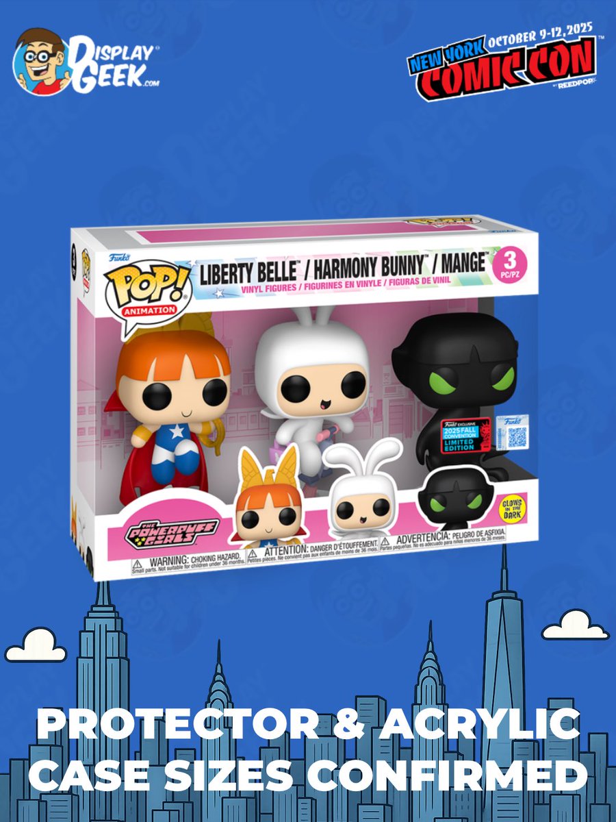 DisplayGeek's tweet image. #NYCC Exclusive protector size confirmed and available now: Pop! Animation Power Puff Girls Liberty Belle / Harmony Bunny / Mange 3-Pack (Now in 0.60mm Protector OR 3mm Custom Acrylic Case!) 
#DisplayGeek #Funko #FunkoPops #PopProtector #NYCC2025 #NewYorkComicCon #ComicCon
