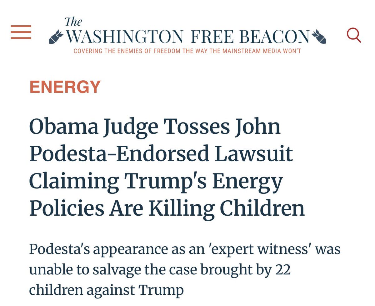 MUST READ: Obama Judge Tosses John Podesta-Endorsed Lawsuit Claiming Trump's Energy Policies Are Killing Children

 “An Obama-appointed judge in Montana dismissed with prejudice a high-profile lawsuit a group of 22 children brought against the Trump administration, accusing it of