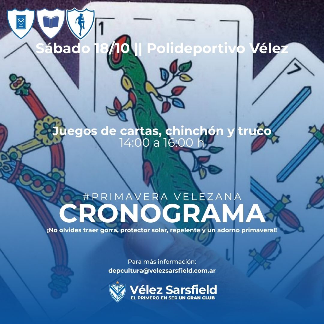 🎉📢 ¡Nueva fecha para el festejo!

Les compartimos el cronograma de actividades, totalmente gratuitas y abiertas a los socios, para este 18 de octubre.

♟️ Al Torneo de Ajedrez podrán inscribirse desde mañana a través del link que compartiremos.

#SomosVélez
#SomosCultura