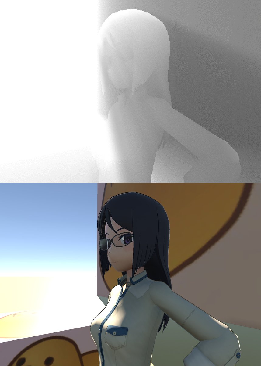 hiyoko1986's tweet image. キャラクターの輪郭もしっかり出てる
あとはノイズ対策等するだけで十分実用できそう…?
ちなみにキャラはアリスギアのふみふみの自作モデル
一番の課題は半透明オブジェクトのフォグをどうするか…
#Unity
