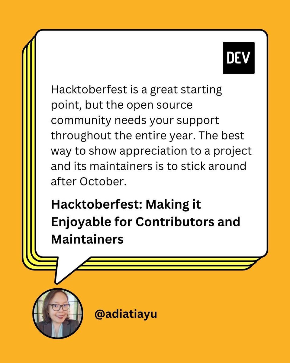ThePracticalDev's tweet image. A fantastic primer on #Hacktoberfest for newcomers with some helpful reminders for veterans. By the always thoughtful @AdiatiAyu ✨
#Hacktoberfest2025 #opensource