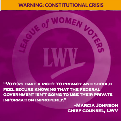 lwv_wa's tweet photo. In the last week, the League, private citizens &amp; civil rights groups have been actively seeking relief from unlawful attempts to force states to turn over sensitive voter information to the Department of Justice for unprecedented—unauthorized use. https://t.co/DLKAXZF649 @LWV https://t.co/vJnchLnIja