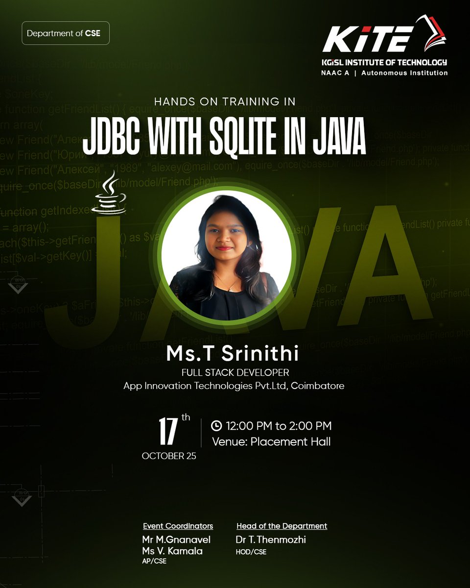 KiTETechCollege's tweet image. Career Readiness: Expert-led specialized training on SQLite and JDBC.
In order to achieve current Career Readiness, our Department of CSE is providing specialized hands-on training in JDBC with SQLite in Java.
#KiTE #CareerBoost #JavaProgramming #SQLiteDB #DeployableSkillSet