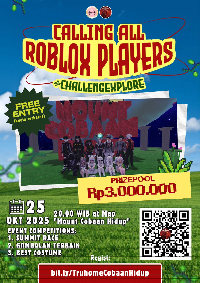 _mikorain's tweet image. halo guysss, buat kalian yg suka main Roblox apalagi yang suka mendaki gunung yang penuh tantangan yuk ikuttt event inii, btw slot nya terbatas yaa jadi tunggu apalagiii, yuk daftar🙌🏻
#roblox #robloxid #ROBLOX