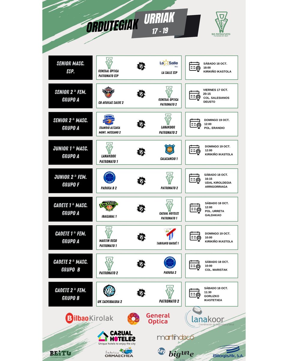 Ostiral honetan hasiko den jardunaldiaren agenda Patroko taldeentzat. Zorte on denoi!💚🖤🤍🏀